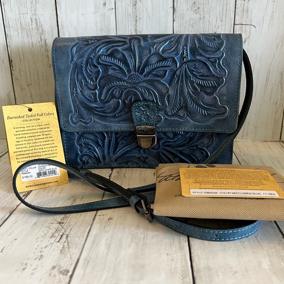 Patricia Nash Handbags - Patricia Nash Laurentina Burnished Tooled Collection Safflower Blue Crossbody